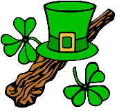 A leprechaun hat on a shillelagh surrounded by shamrocks
